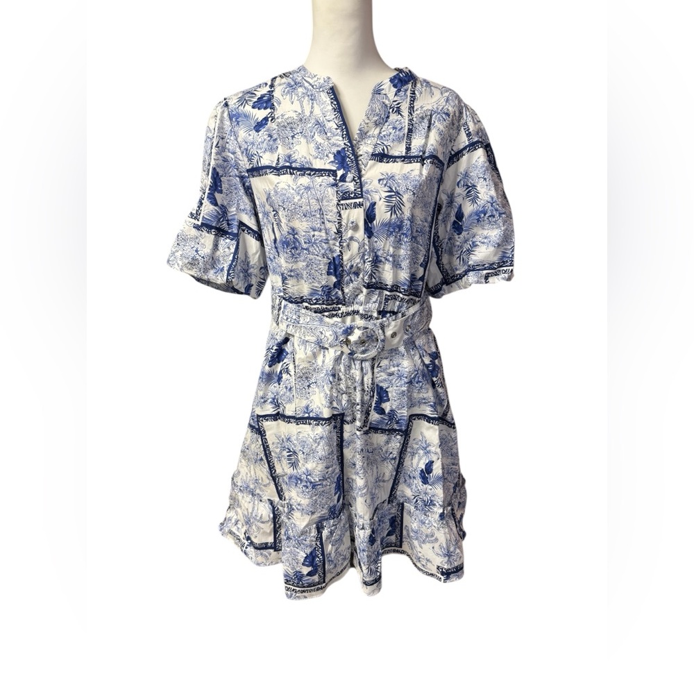 Joie Blue And White Tropical Toile Fit and Flare Dress sz 8 belted nwot